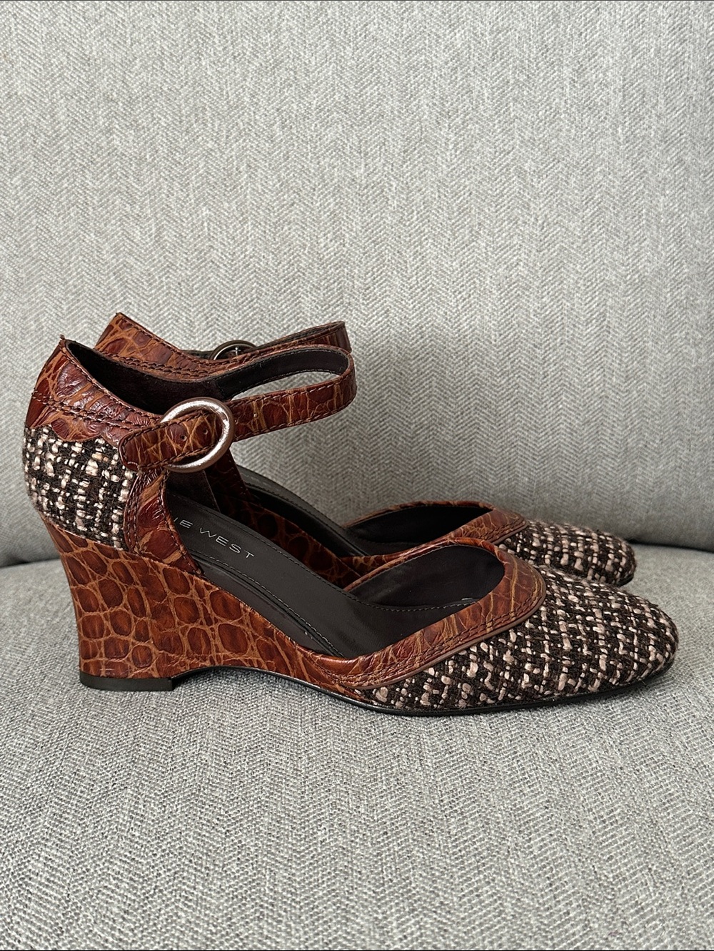 Nine West Brown Croc & Tweed Ankle-Strap Wedge Heels